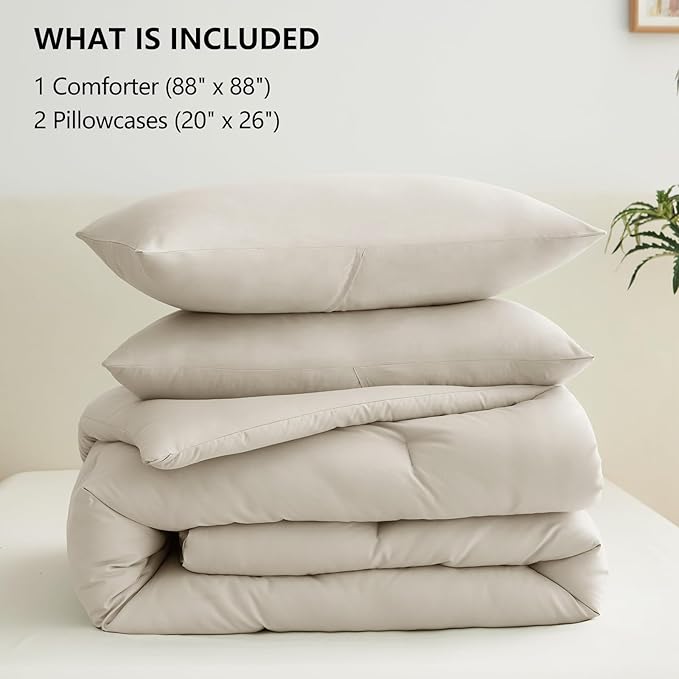 CozyLux Beige Queen Comforter Set, 3 Pieces Boho Solid Breathable Quilted Style Bedding Sets, Luxury Fluffy Soft Bed Set with Down Alternative Comforter for All Season (1 Comforter & 2 Pillowcases)