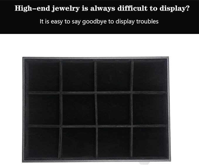 Large Velvet Jewelry Tray, Drawer Organizer for Jewelry in Dresser, Stackable Jewelry Drawer Organizer Inserts for Earring Necklace Bracelet Rings(Black,12grid) - Image 2