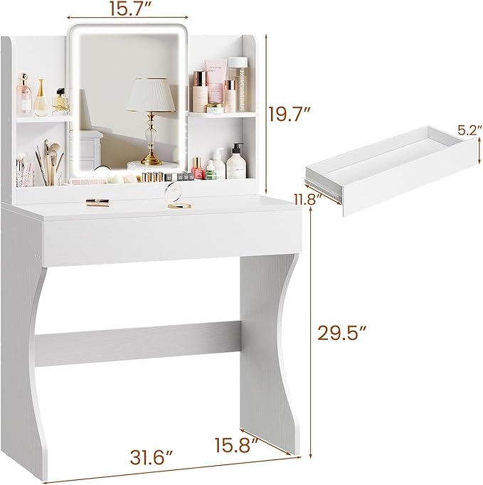 Small Vanity Desk with Mirror and Lights, Makeup Vanity with Storage Drawer, 2 Shelves and 3 Compartments - White