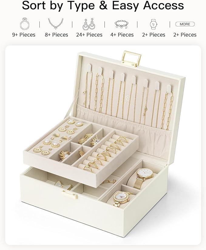 Vlando Jewelry Organizer,2 Layer Jewelry Box Large Jewelry Organizer for Women Removable Jewelery Tray with Watch Pillow for Necklace Earrings Rings Bracelets(Cream White) - Image 5