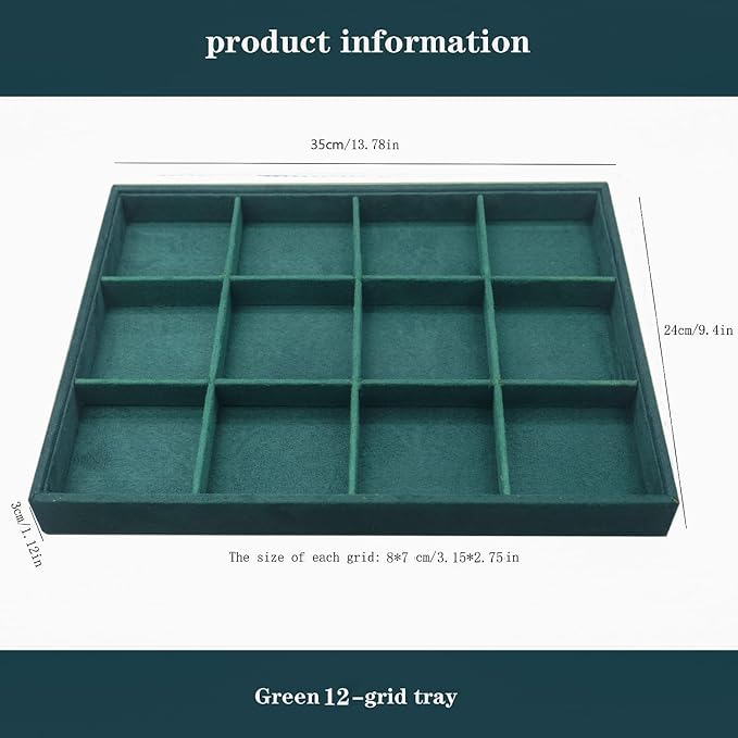 Large Velvet Jewelry Tray, Drawer Organizer for Jewelry in Dresser, Stackable Jewelry Drawer Organizer Inserts for Earring Necklace Bracelet Rings(Green,12grid) - Image 6