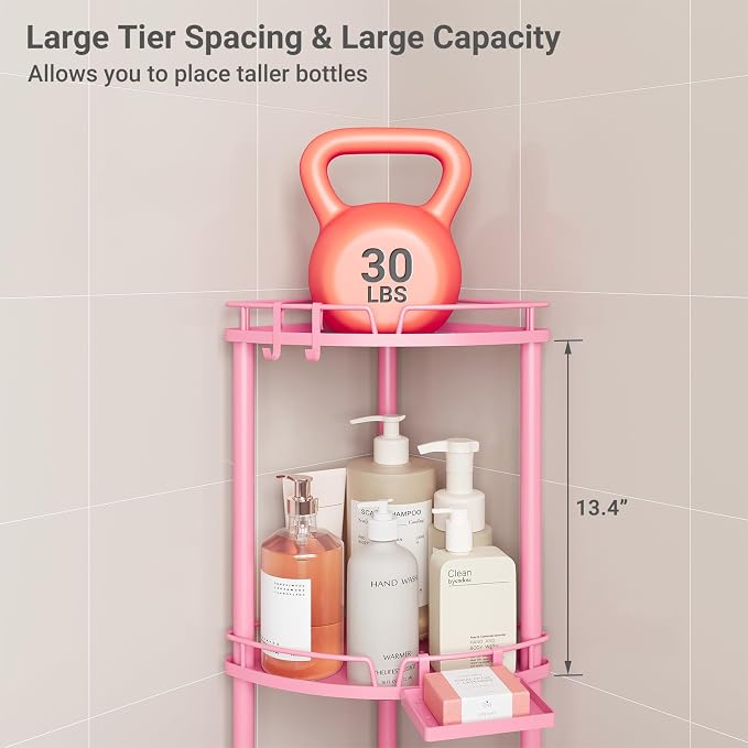 ELYKEN Corner Shower Caddy Standing, 4 Tier Rustproof Metal Shower Organizer with Soap Holder, Floor Shower Corner Shelf Rack Storage Stands with Adjustable Feet & 2 Hooks for Bathroom, Pink - Image 3