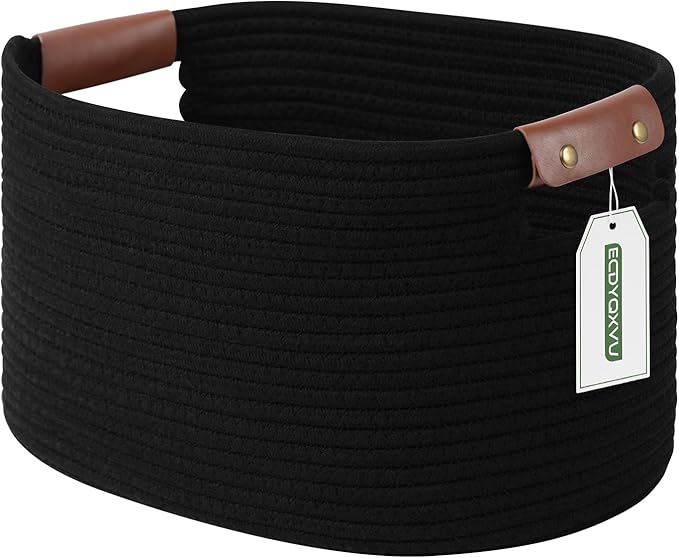 ECDYQXVU Cotton Rope Basket, Storage Baskets with Handle, 15x10x9 Inch Woven Basket for Shelves, Laundry, Towels, Clothes, Books (Black 1Pack) by ECDYQXVU