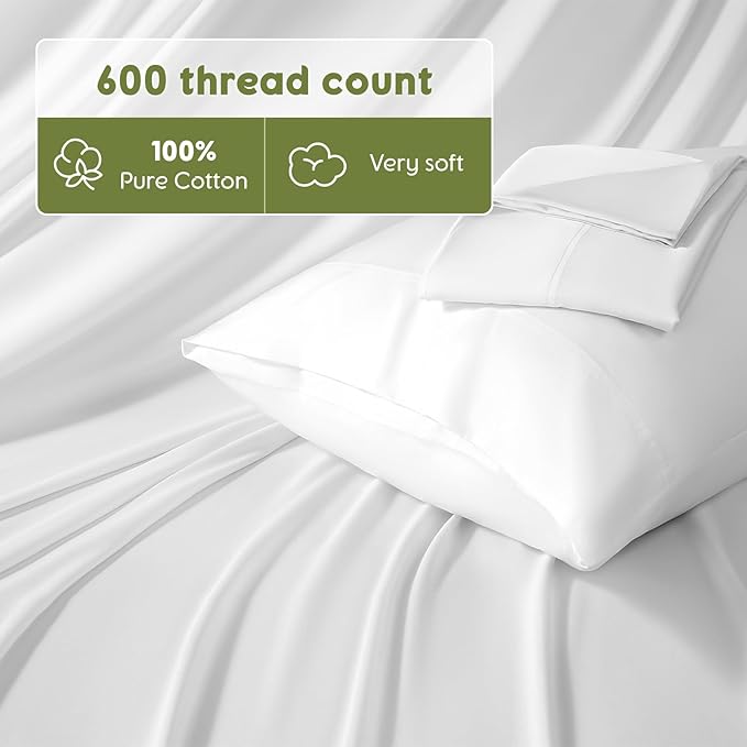 SONORO KATE 100% Egyptian Cotton Sheets Queen Size - 600 Thread Count, Luxury Hotel Sateen Weave Bedding Set, Soft Breathable Sheet Sets, 16" Deep Pocket - 4 PC(White,Queen)