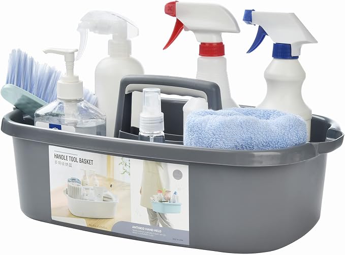 ALINK Large Plastic Shower Caddy Tote, Portable Storage Caddy Basket Organizer with Handle for Dorm, Bathroom, Tool, Garden, Kitchen, Cleaning Supplies – Gray by ALINK