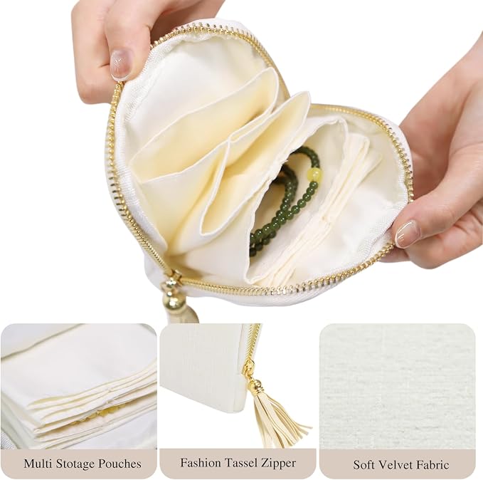 Stratalife Travel Jewelry Case Organizer for Women Portable Jewelry Box with Small Pouches for Gemstones Healing Crystal Bracelets, Necklace Bangles Storage, Pendants Ring Holder Zipper, White Tassel - Image 4