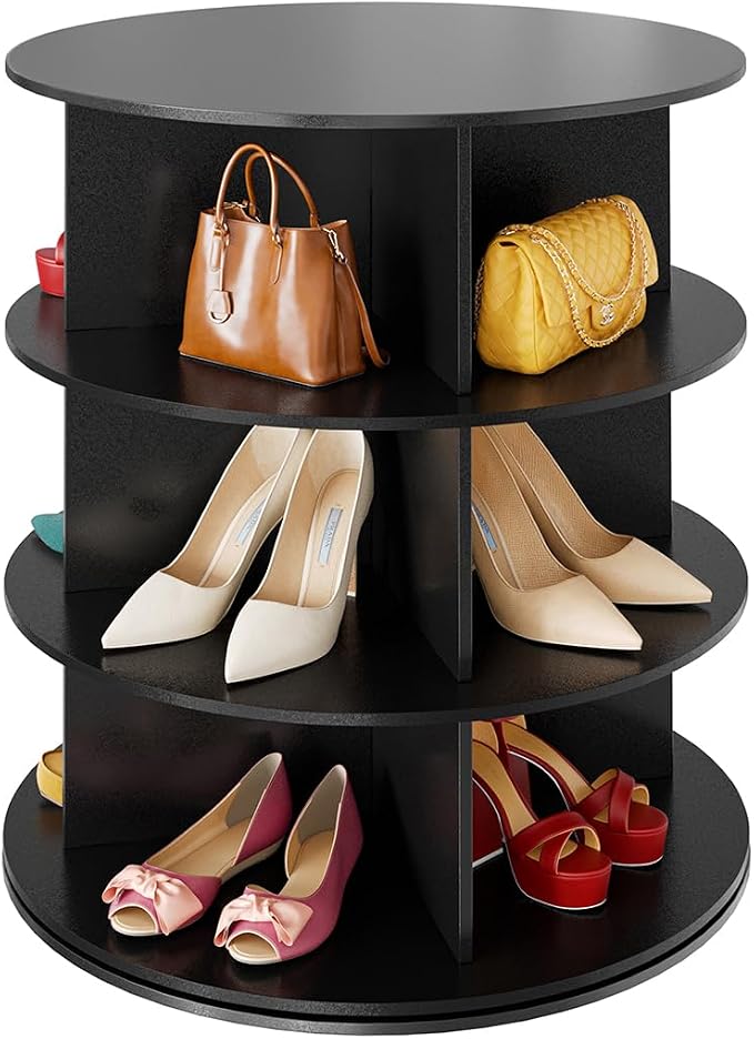 SpaceAid 3 Tier Rotating Shoe Rack Tower, Spinning Shoe Display Lazy Susan, Revolving 360 Shoe Rack Storage Round Carousel, Vertical Handbag Rotate Shoes Closet Organization (3-Tier Black) by SpaceAid