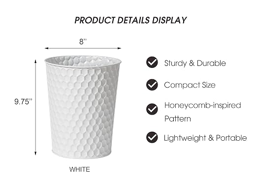 Venalys Small Metal Trash Can Wastebasket, Decorative Honeycomb Garbage Can Waste Basket, Modern Farmhouse Round Trash Bin for Bathroom, Bedroom, Kitchen and Office (White) - Image 6