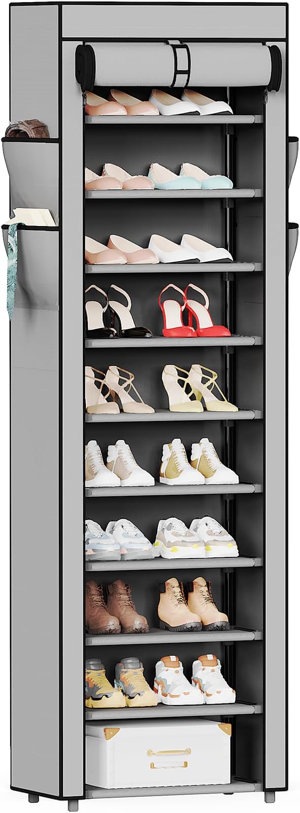 Mavivegue Shoe Rack with Cover, 10 Tier Tall Shoe Organizer for 18-22 Pairs of Shoes, Shoe Storage Organizer for Entryway, Closet, Garage, Grey, S by Mavivegue