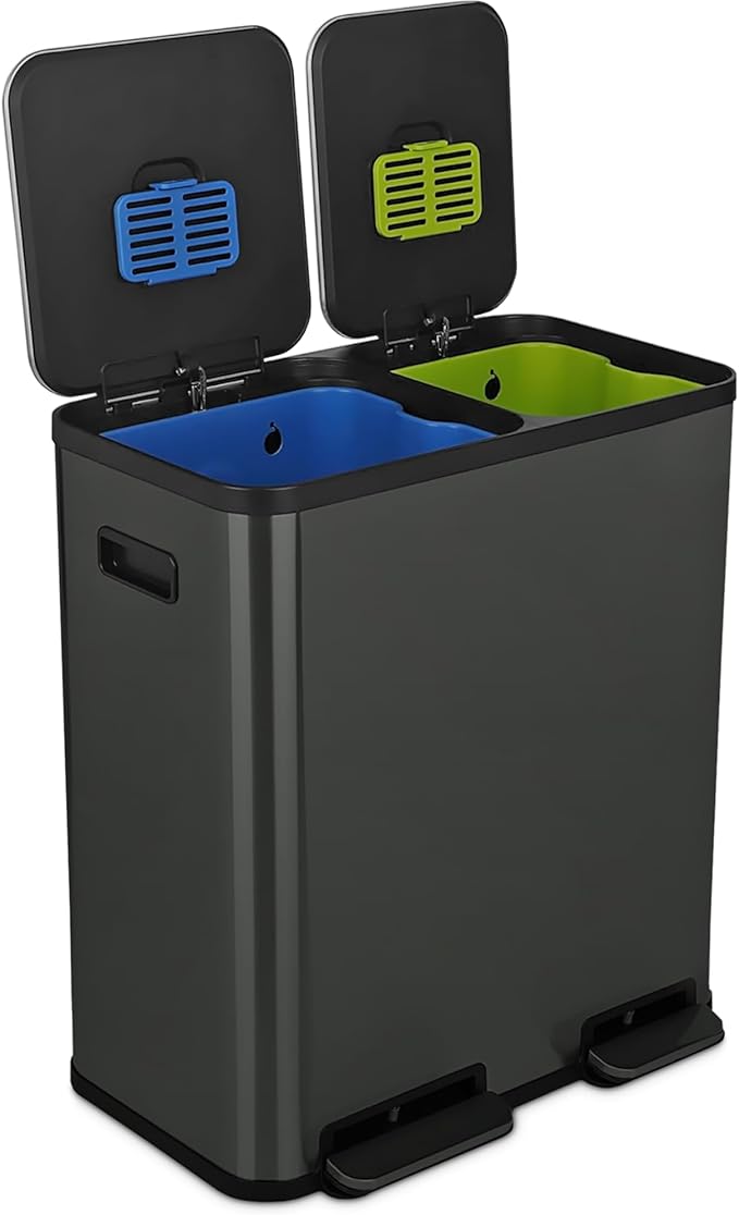 SIMPLI-Magic 18.5 Gallon (70L) Dual Compartment Kitchen Trash Can - Hands-Free Step Pedal, Soft-Close Lid, Stainless Steel Recycling Bin with Odor Filter (40L + 30L), Black by Simpli-Magic