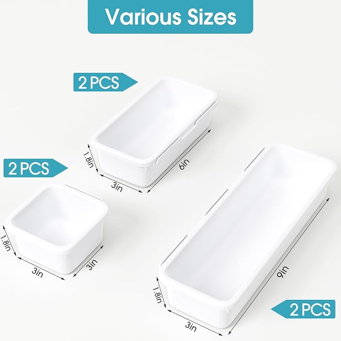 6 PCS Drawer Organizer Set, 3 Size Makeup Drawer Divider Organizer With Non-Slip Pads, Interlocking Plastic Storage Bins for Office,Jewelry Vanity,Gadgets, Bathroom,Kitchen, White - Image 2