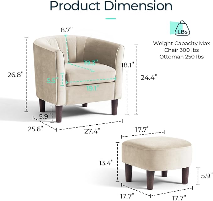LINSY Accent Chair with Ottoman, Modern Barrel Chair Small Armchair Reading Chair with Footrest, Comfy Round Arms Chair for Living Room Bedroom Reading Room, Velvet, Beige