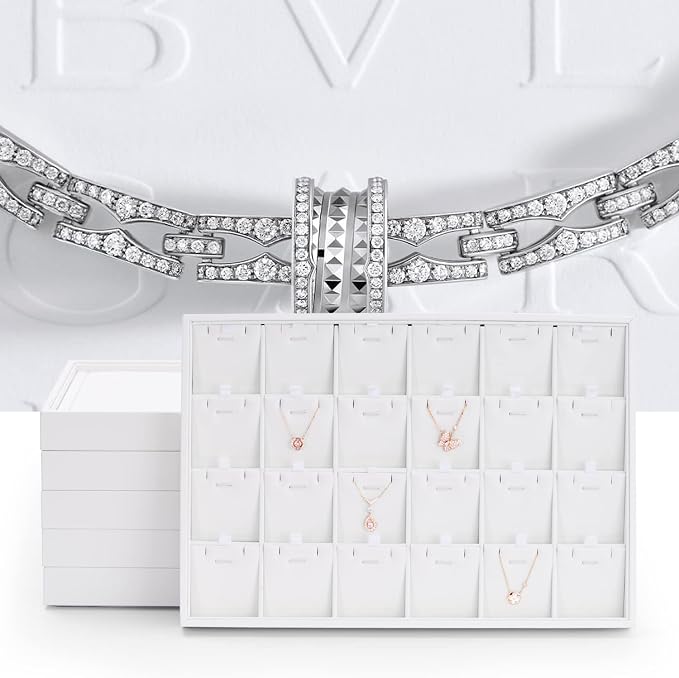 Oirlv Premium White Leather Stackable Jewelry Tray 24 Grid Jewelry Organizer Tray with Removable Inserts Cards Necklace Display Holder - Image 2