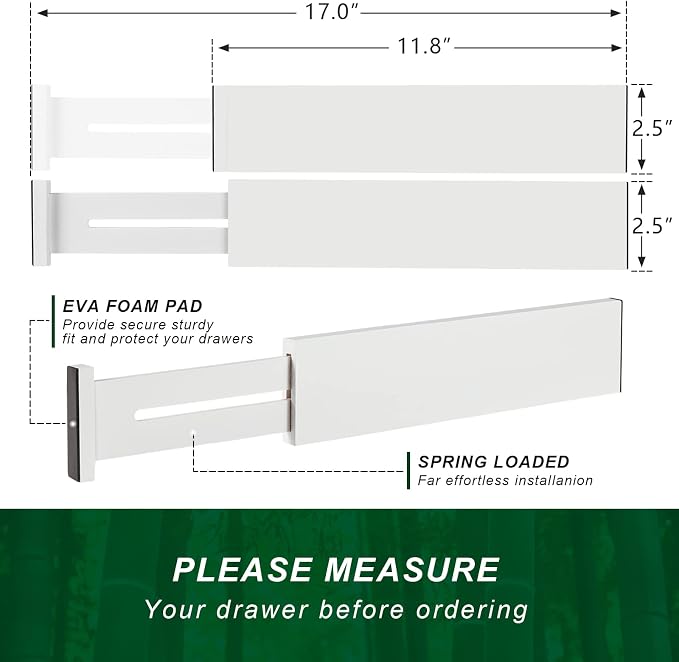 4 Pack Bamboo Drawer Dividers 2.6" High, Adjustable Length from 12 Inch to 17 Inch, Expandable Kitchen Drawer Organizer Separators for Clothes, Kitchen, Bedroom, Dresser, Office (White) - Image 7