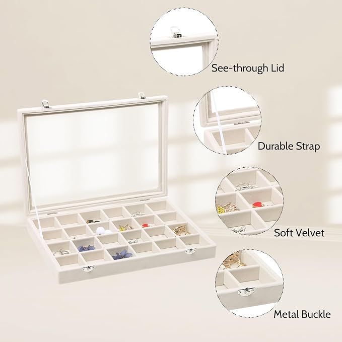 Stratalife Jewelry Organizer Jewelry Tray with See-through Lid 24 Grids Earring Display Showcase Large Velvet Storage Box for Earring Necklace Rings Dice Beige - Image 2