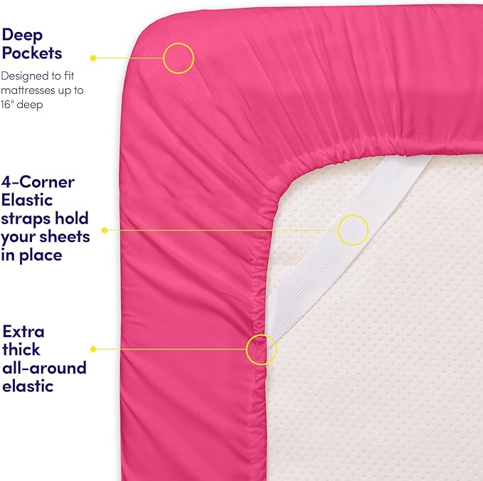 Queen Size Sheet Set with Built-in Sheet Straps - Deep Pocket Fitted Sheet, Flat Sheet & Pillowcases - Soft, Wrinkle-Free, Secure Fit - Fuschia