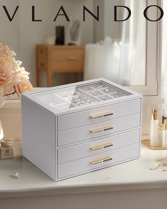 Vlando 4 Layer Jewelry Box for Women, Glass Lid Jewelry Organizer with 4 Drawers for Necklaces Rings Earrings Bracelets - Grey - Image 2