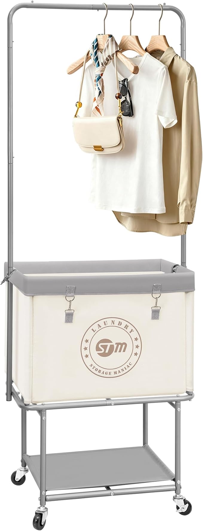 STORAGE MANIAC Rolling Laundry Cart with Hanging Bar & Storage Shelf, 110L Heavy Duty Large Laundry Basket with Clothes Hanging Rod, Study Clothes Hamper with Lockable Wheels, Beige by STORAGEMANIAC