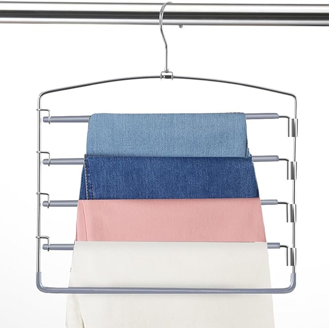 FeeraHozer Pants Hangers Space Saving 3 Pack No Slip 5 Layers Multi Functional Pants Rack Stainless Steel Swing Arm Space Saver Hanger for Trousers Jeans Towels Scarf （Grey） by Feerahozer