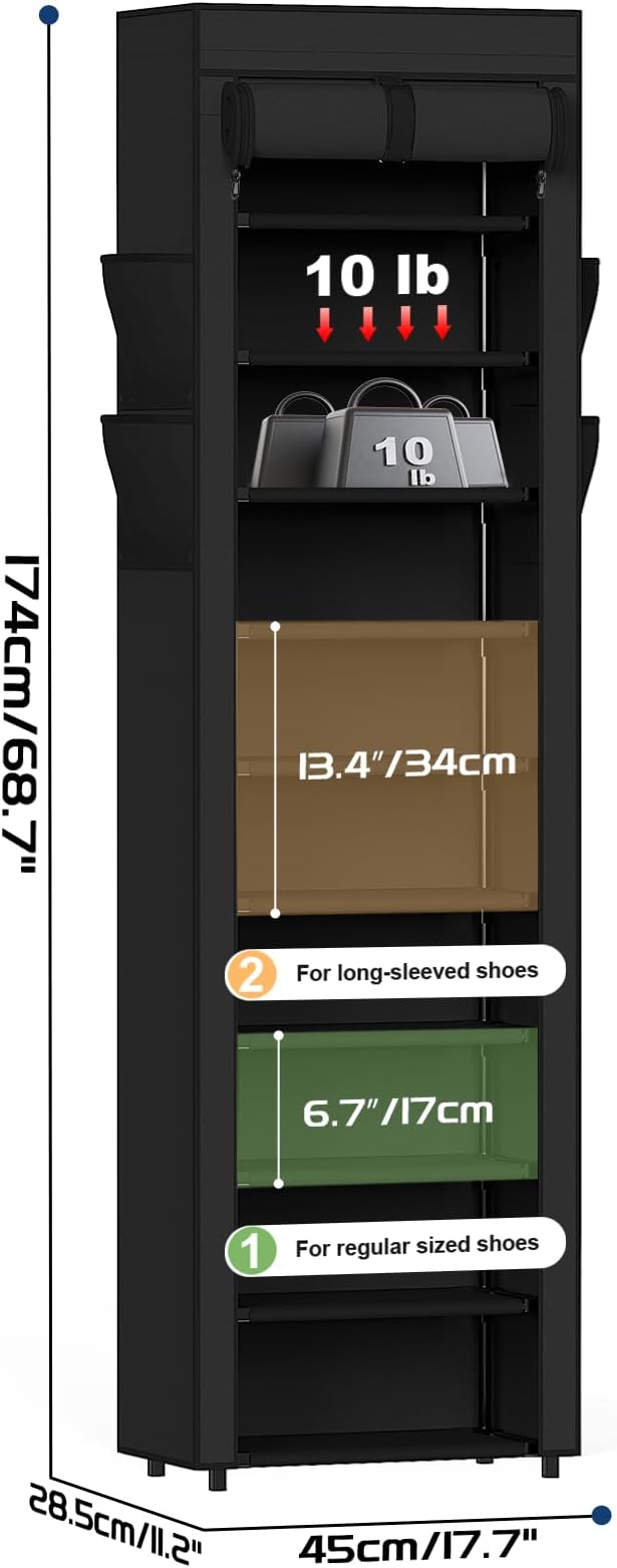 Mavivegue Shoe Rack with Cover, 10 Tier Tall Shoe Organizer for 18-22 Pairs of Shoes, Shoe Organizer with 4 Side Pockets, Shoe Cabinet for Entryway, Closet - Image 3