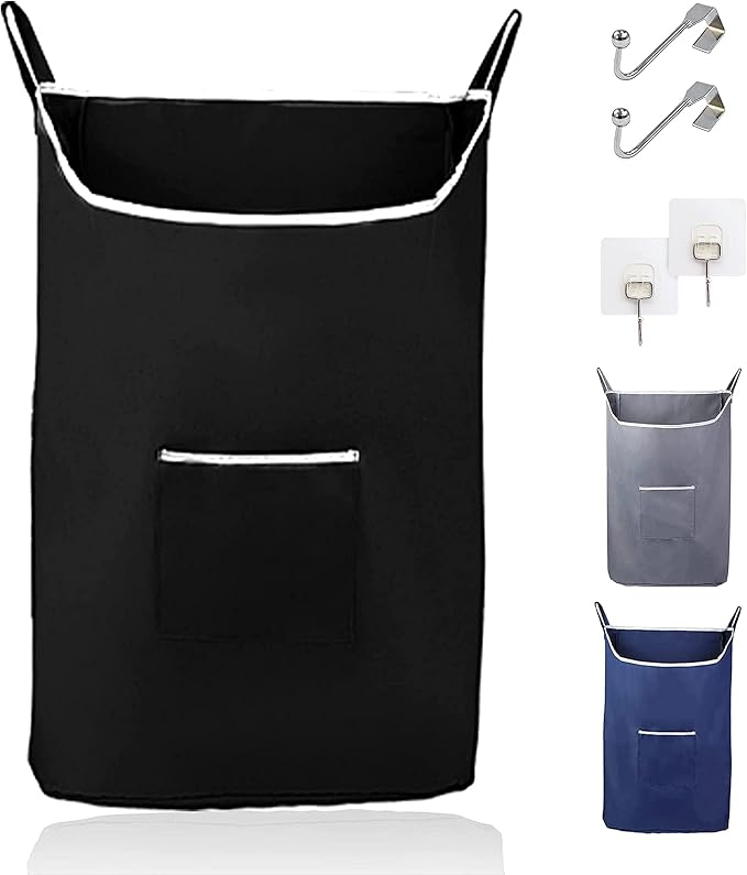The Fine Living Co. X-Large Hanging Laundry Hamper with Over Door Hooks & Adhesive,Durable Space Saving Laundry Bag with Zipper and Wide Open Top,Hanging Dorm Laundry Hamper 20"x3.75"x31" (Black-XL) by TheFineLivingCompany