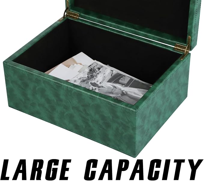 HofferRuffer Faux Leather Decorative Box, Large Wooden Structure Keepsake Box Accessory Organizer Jewelry Organizer with Hinged Lid, Storage Container for Home or Office (Dark Green) - Image 7
