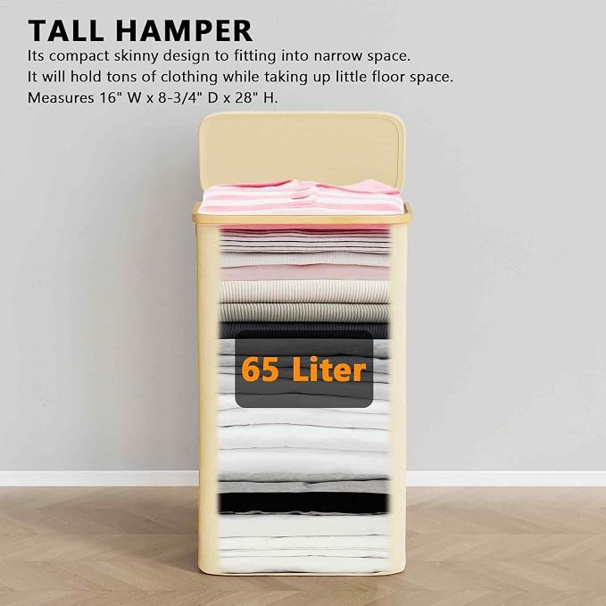 SpaceAid Slim Laundry Hamper with Lid, 65L Narrow Clothes Basket Bin with Bamboo Handles, Skinny Tall Collapsible Hamper for Bedroom, Bathroom, Dorm, Laundry Room - Beige - Image 2