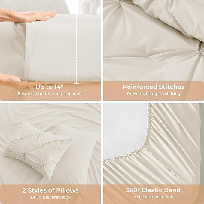 Sasttie Twin XL Comforter Set, 5-Piece Bed in a Bag, Pintuck Bedding Sets for All Season, Includes Comforter, Flat Sheet, Fitted Sheet, Pillowcase and Pillowsham, Beige