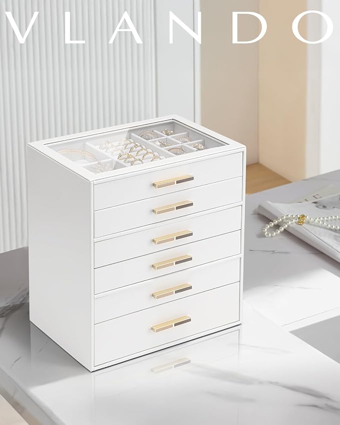 VLANDO 6 Layer Jewelry Box for Women, Glass Lid Jewelry Organizer with 6 Drawers for Necklaces Rings Earrings Bracelets - White - Image 2