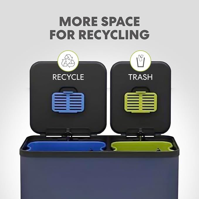 Simpli-Magic 70 Liter / 18.5 Gallon Rectangular Hands-Free Dual Compartment Recycling Kitchen Step Trash Can with Soft-Close Single Lid, Stainless Steel (40L x 30L Capacity), Blue - Image 5