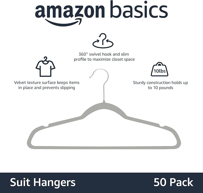 Amazon Basics Slim Velvet Non-Slip Space Saving Suit Clothes Hangers, Closet Organizer, Gray/Silver, 50-Pack - Image 2