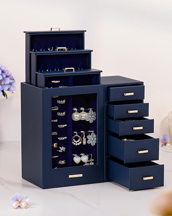 Homde Large Jewelry Box/Organizer/Case with Glass Window, Drawers for Necklaces Earrings Rings Bracelets Watches Gift for Women Girls - Image 7