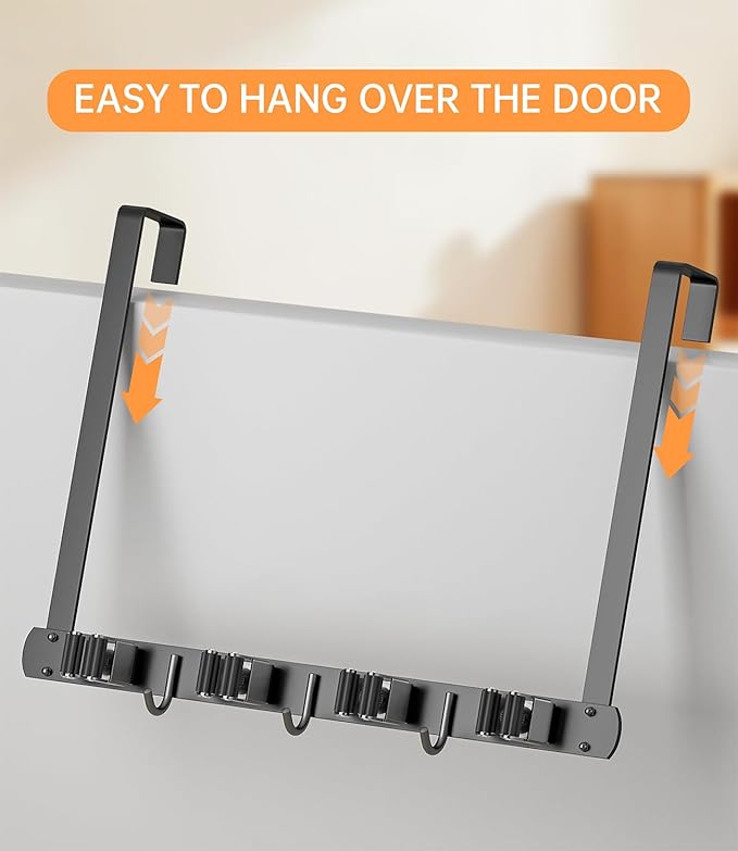 Broom Holder Over The Door - 304 Stainless Steel Mop and Broom Holder Wall Mounted or Hanging Over The Door with Hooks - Broom Hanger, Broom Storage Tool Organizer for Garage Closet Laundry - Image 6
