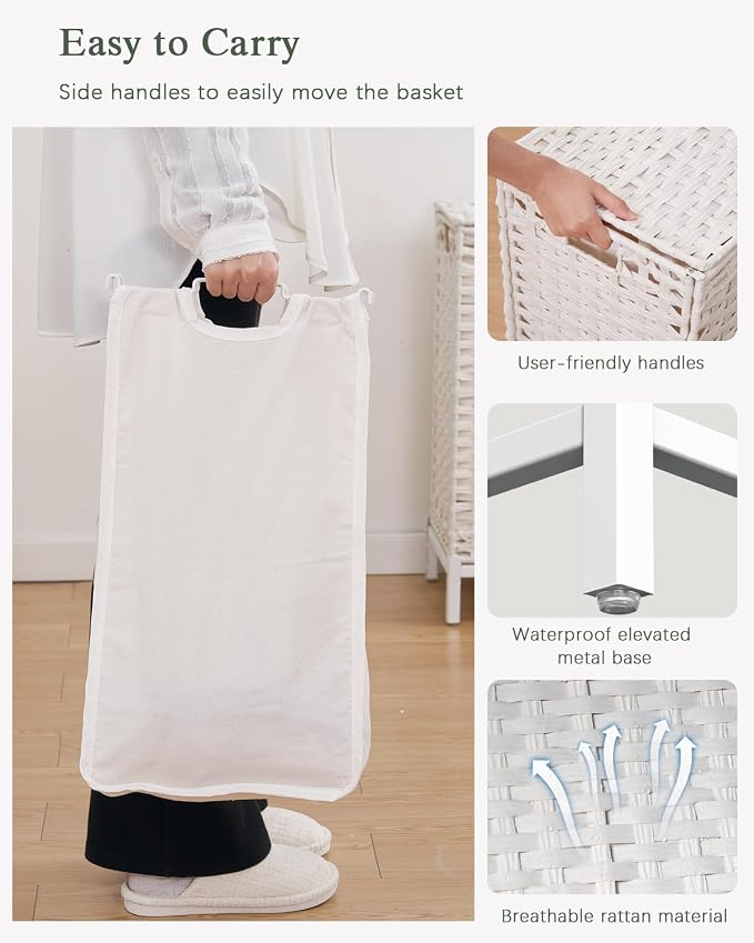 SETVSON Laundry Hamper with Lid 132 L, (35 Gallons) Clothes Hamper with Lid, Handwoven Rattan Laundry Hamper with Metal Heightened Feet, Laundry Hampers with 3 Removable Liner Bags for Laundry-White - Image 4