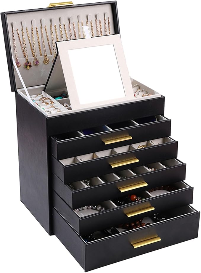 BOOVO Jewelry Boxes for Women, White and Black 6 Layer Large Jewelry Box for Necklace, Bracelet, Earrings, Rings Storage, Jewelry holder Organizer for Girls Gift (Black and Gold, 6 layer) by BOOVO