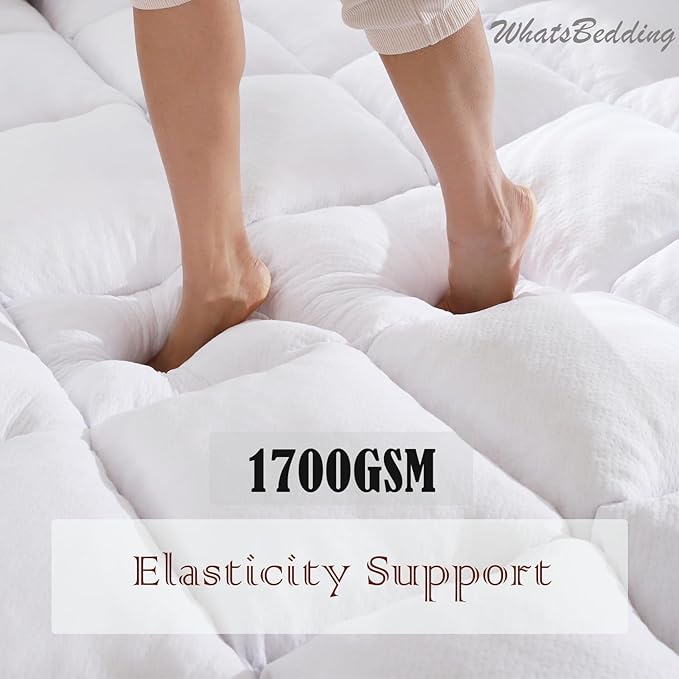 WhatsBedding Memory Foam Mattress Topper Queen Size Memory Foam Filled Warming Cooling Fluffy & Soft Pillow Top, Anti-Slip Bottom, 4 Elastic Straps, 80x60 Inch, Queen