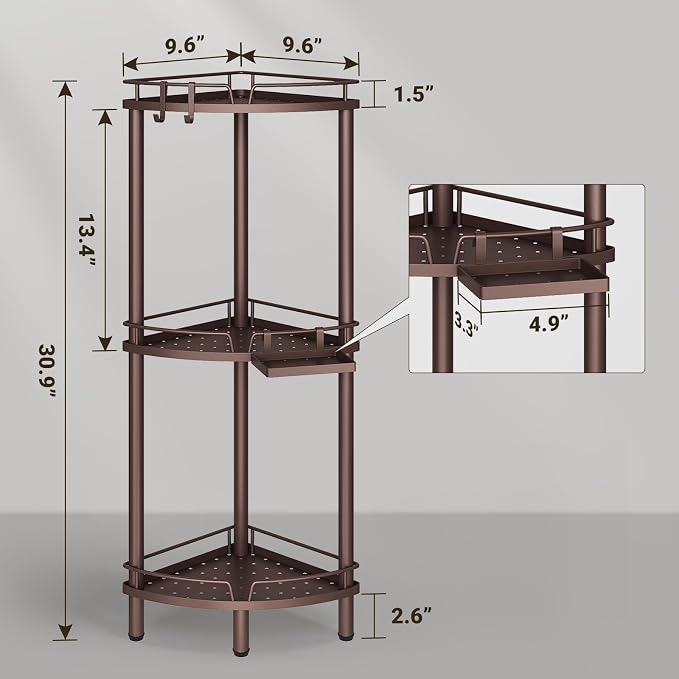 ELYKEN Corner Shower Caddy Standing, 3 Tier Rustproof Metal Shower Organizer with Soap Holder, Floor Shower Corner Shelf Rack Storage Stands with Adjustable Feet & 2 Hooks for Bathroom, Bronze - Image 2