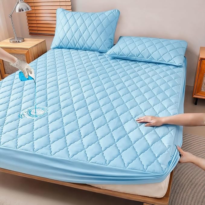 Waterproof Quilted Mattress Protector, Black, Deep Pocket 15 Inch, Soft Fabric, Machine Washable, 360° Full Coverage (Blue, Full)