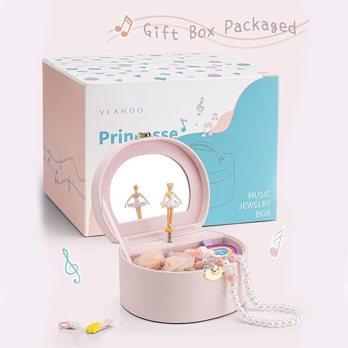 VLANDO Musical Jewelry Box for Girls, Small Kid Music Box with Ballerina for Party Bedroom Decor, Bithday Gift for Girl - Light Pink - Image 8