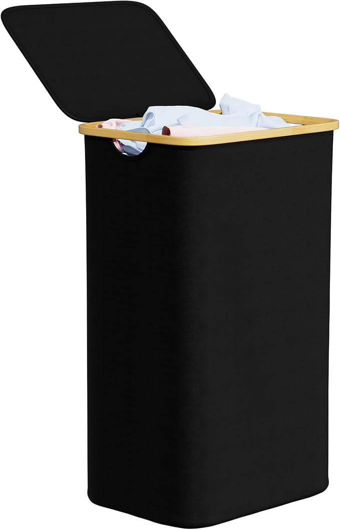 SpaceAid Laundry Hamper with Lid, 110L Large Tall Clothes Basket Bin with Bamboo Handles, Collapsible Laundry Hamper for Bedroom, Bathroom, Dorm, Laundry Room - Black by SpaceAid