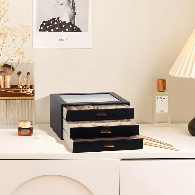 Jewelry Box with Glass Lid, 3-Layer Jewelry Organizer for Women Girls, PU Leather Display Case with 20-Grid Earring Tray & Movable Dividers for Necklaces Rings,Black - Image 2