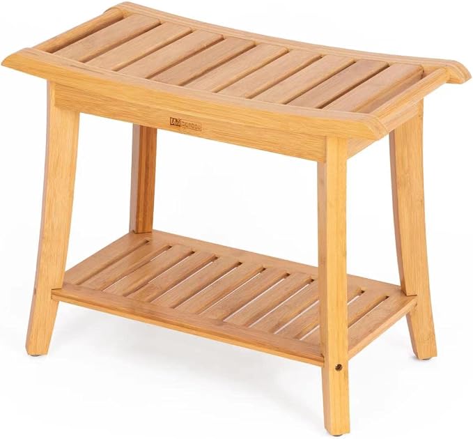Unibambou Bamboo Shower Bench with Storage Shelf, Spa Bath Chair for Bathroom, Seat or Organizer for Living Room, Bedroom and Garden - Great for All Ages Unisex Elderly (Large, Natural) by Unibambou