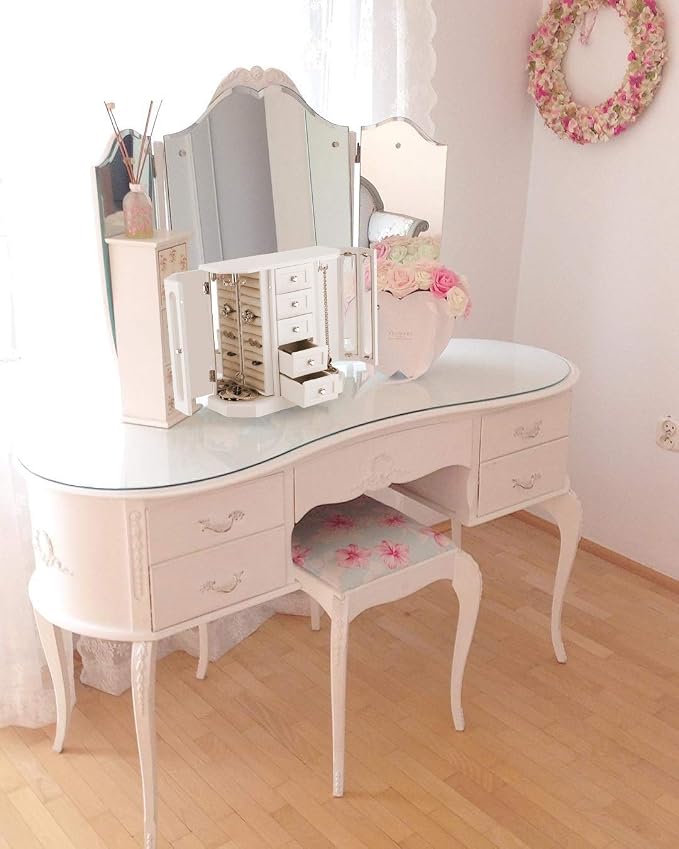 RR ROUND RICH DESIGN Jewelry Box - Made of Solid Wood with Cabinet Type 5 Drawers Organizer and 2 Separated Open Doors on 2 Sides and Large Mirror White - Image 6