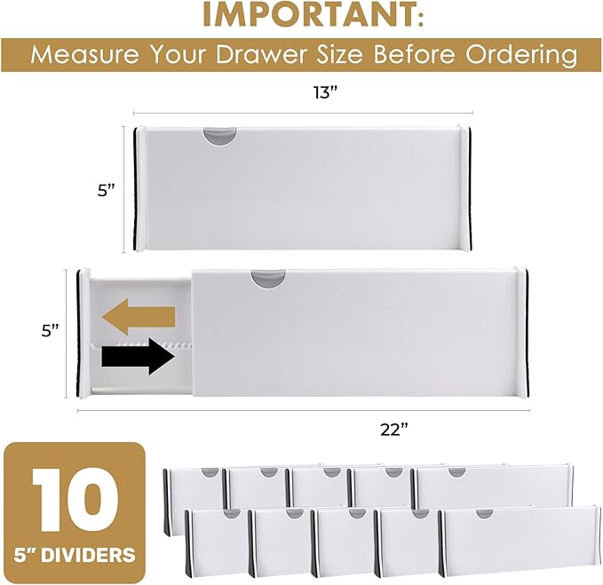 RAPTUROUS Adjustable Deep Drawer Divider – 5" Tall, Expandable 13-22", 10-Pack, Non-Slip Drawer Dividers for Clothes, Dresser, Kitchen & Office Organization (White) - Image 2