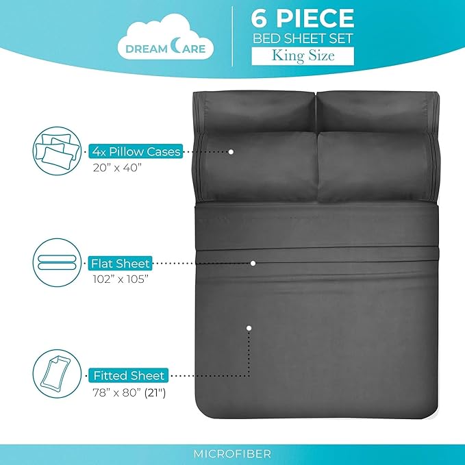DREAMCARE Queen Sheet Set - 6 pcs Breathable Cooling Bed Sheets - up to 15" Deep Pocket Queen Sheets Set with Side Pockets - Extra Soft 100% Brushed Hypoallergenic Hotel Luxury Bedding - D Gray