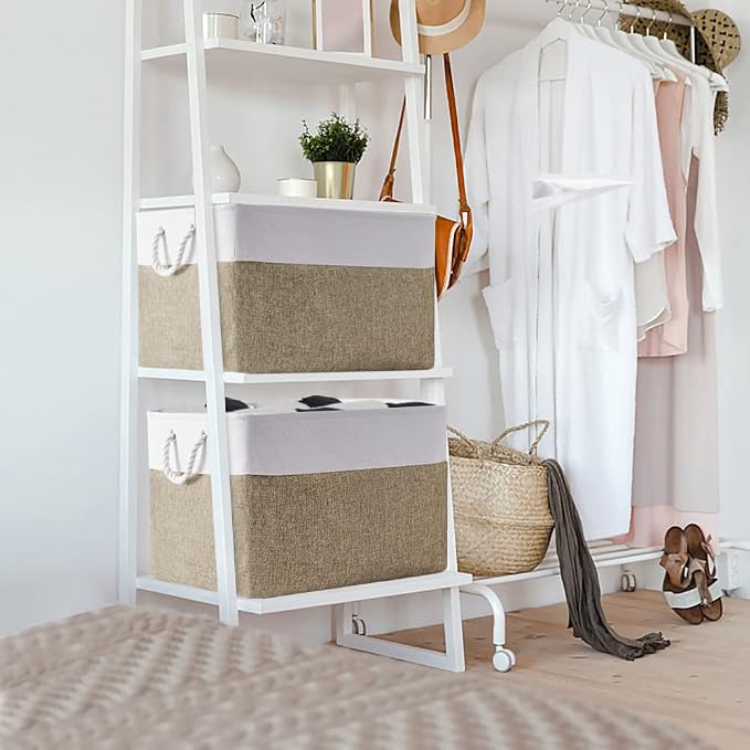 TheWarmHome Organization Basket - 20x16x14 inch Jumbo 3 Pack Collapsible Storage Bins for Shelves, Fabric Storage Cubes for Closet Organizer Gift Toy (White & Khaki) - Image 5
