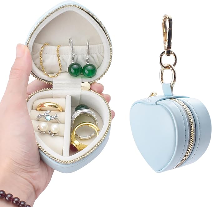 Heart Shape Ring Holder Keychain, Mini Travel Jewelry Case for Wedding Ring, Sports & Vacation, Portable Zipper Clutch Organizer for Earrings Necklace, Premium Gift for Women Girls (Blue) by Unknown