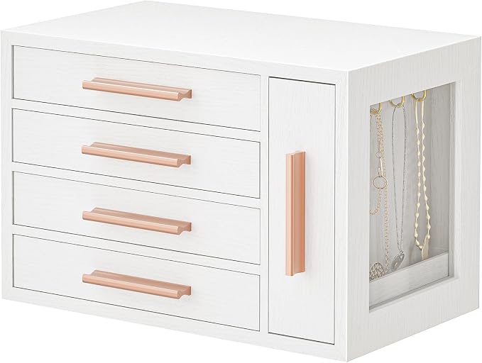 HOOBRO Jewelry Box for Women, Wooden Jewelry Organizer with Transparent Window, 4-Layer Jewelry Organizer Box, Jewelry Holder Organizer for Earrings, Necklaces, Rings, White and Gold WD09JB04 by HOOBRO