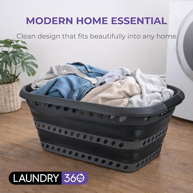 Laundry 360 Collapsible Laundry Basket 40L | Portable | Space Saver Storage | Hold 2 Loads | Store Under the Bed or Closet | Good for Kids | Dorm | Bedroom | Large | Grey/Black - Image 6