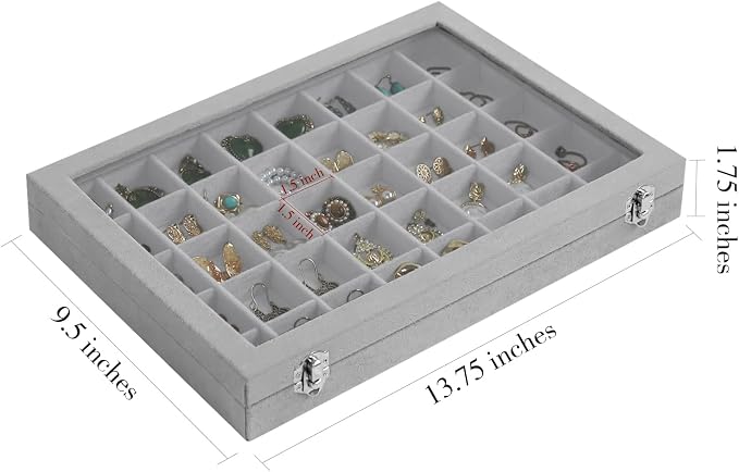 Stratalife Jewelry Organizer 40 Grid Jewelry Tray with Lid Dust-proof Velvet Earring Organizer Ring Holder Necklaces Earrings Storage Drawer Accessories Box for Women Gray - Image 3